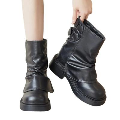 Kurze Stiefel für Damen High-End Weitschaft Leder Flache Sohle Western Mid-Calf Ritterstiefel Herbst- und Winterstiefel Khaki Schwarz