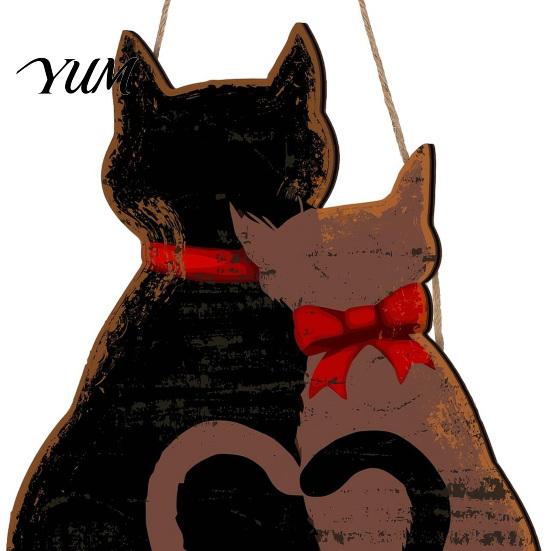 Outdoor Garden Wall Art Wooden Hanging Welcome Sign for Front Door, Romantic Cat Couple Country Style Home Decor Pendant, Rustic Farmhouse Porch