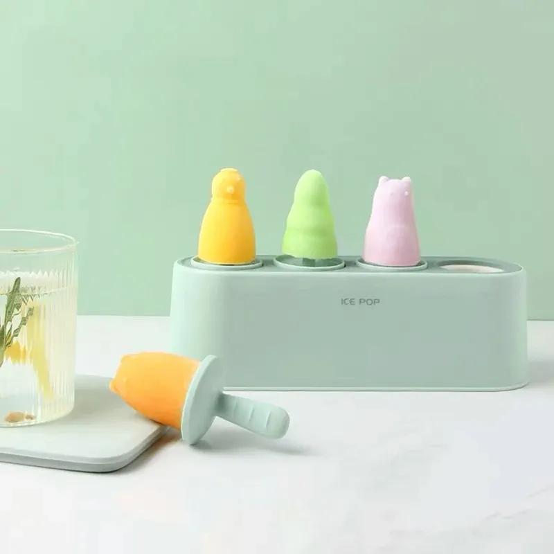 Home Ice Cream Mold Popsicle Diy Tool Silicone 4-hole Popsicle Box Children Dessert Ice Cream Maker Kitchen Tools Diy Ice Cream