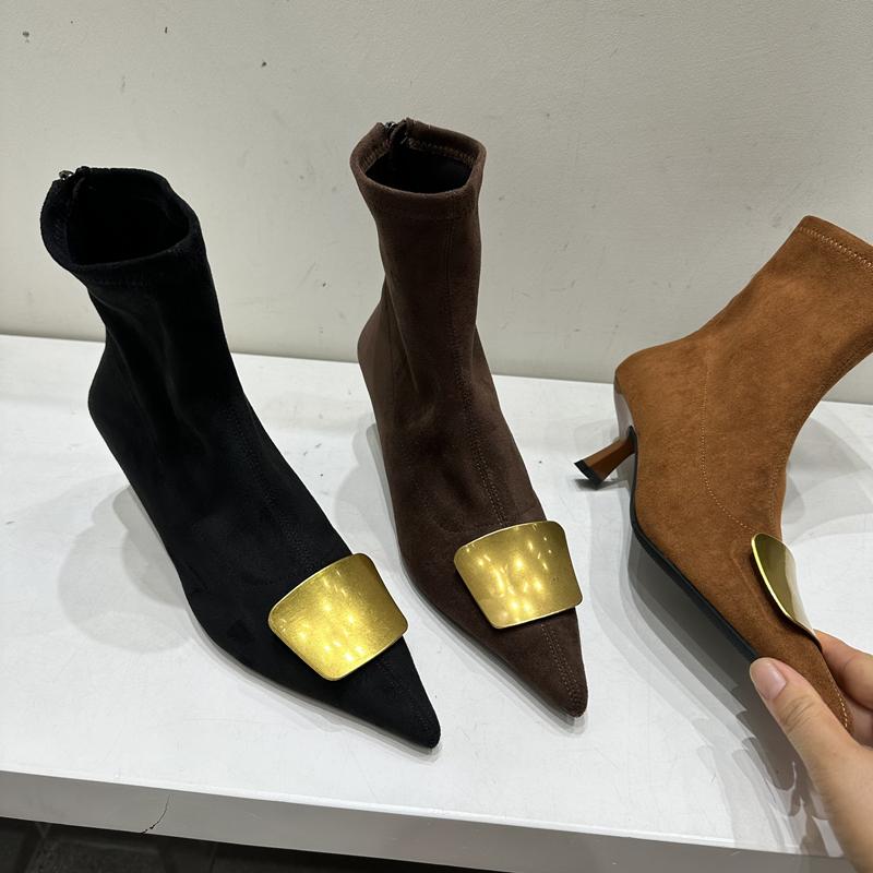 SUOJIALUN Nová značka Dámské krátké boty Módní zlatá přezka Dámské elegantní kotníkové boty Tenký vysoký podpatek Špičaté lodičky Boty