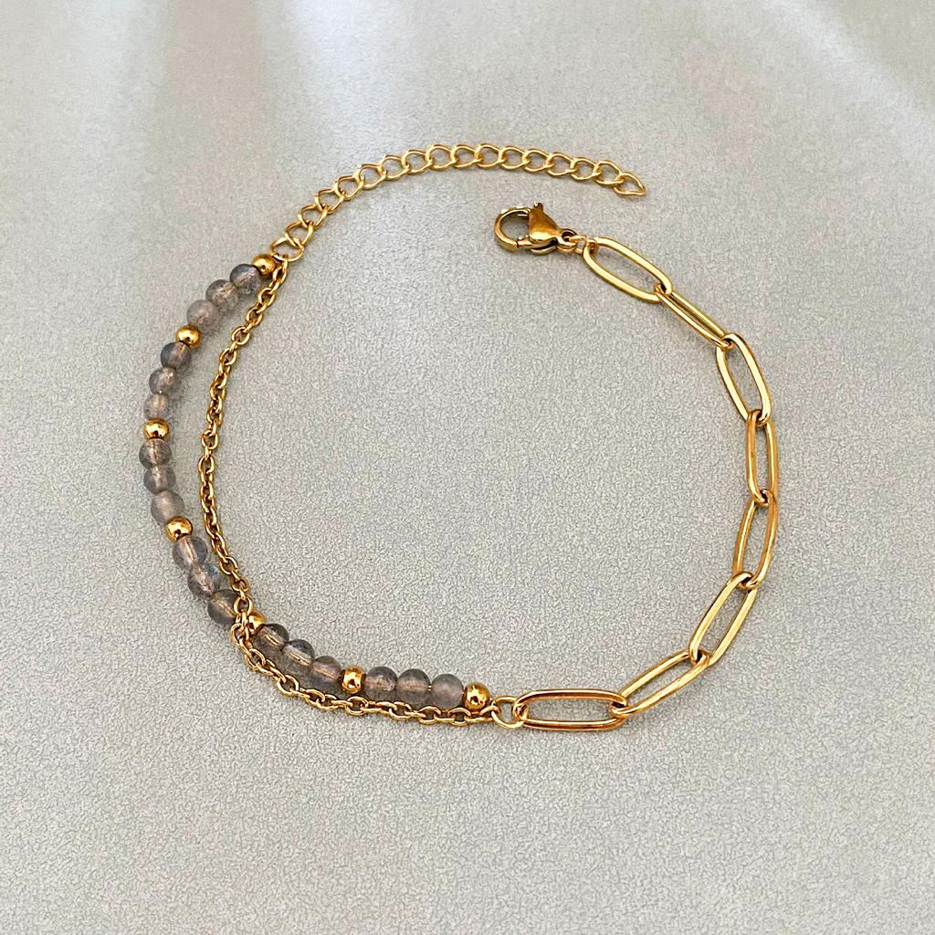Elegant 18k Gold-Plated Stainless Steel Bracelet with Natural Stone Inlay - Trendy and Fade-Resistant for Women