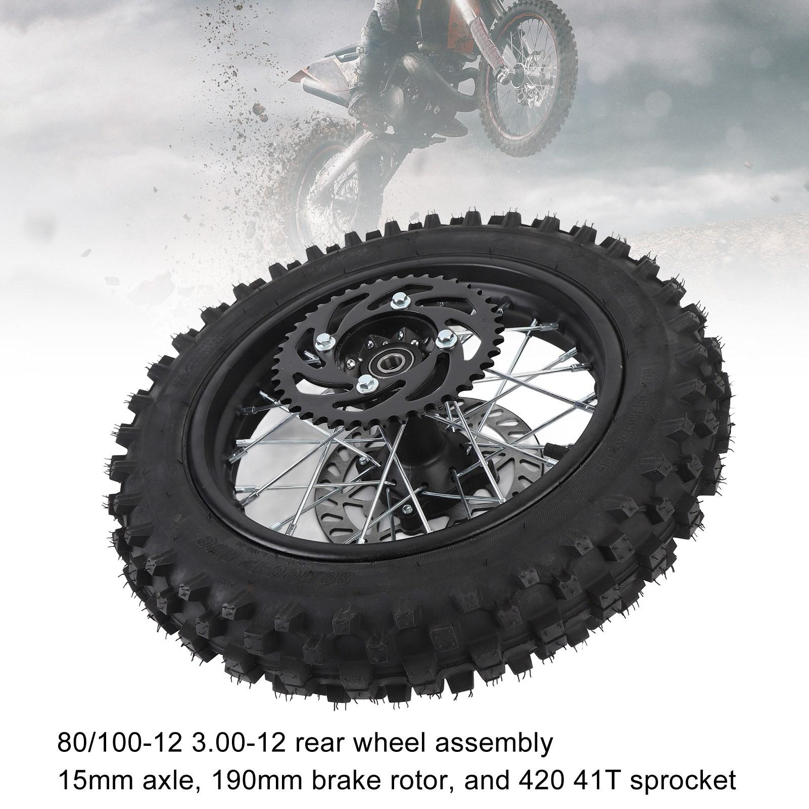 12 Inch Dirt Bike Rear Wheel Rim 80/100-12 3.00-12 Rear Wheel Tire and Rim Inner Tube 15mm Axle with Brake Rotor Sprocket nero