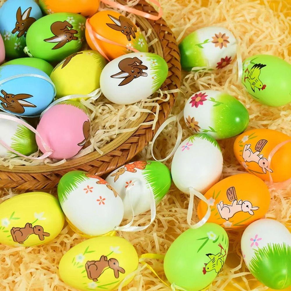 12Pcs/Set Cartoon Easter Hand Painted Egg Easter Egg Artificial Egg Pendant Party Decoration