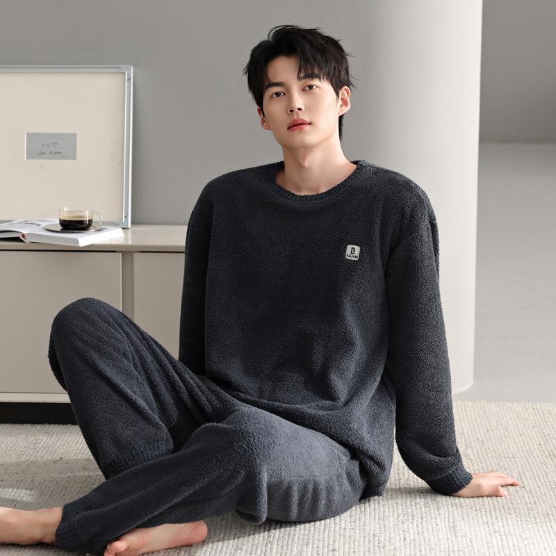 

Half Fleece Pajamas Men S Autumn And Winter Winter Coral Fleece Thickened Fleece Loungewear Warm Round Neck Pullover Set L