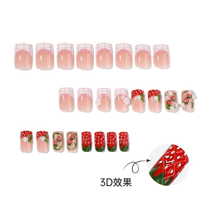 24PCS Short Square False Nails Sweet 3D Strawberry Flowers Design Fake Nails for Women Pink Plaid Lace with Pearl Nails Press On