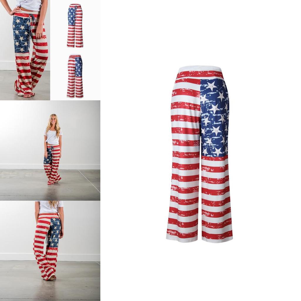 Womens High Waist Casual American Flag Print Drawstring Loose Wide Leg Pants For Summer