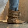 Lambskin~ Folded Pointed Inner Height Increase Small Short Boots Women's Retro Niche Martin Boots Genuine Leather Western Cowboy Boots