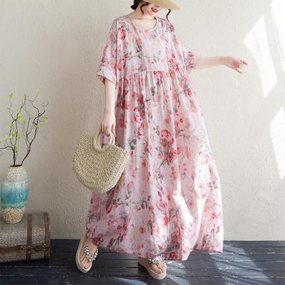 Real Summer New Thin Cotton and Linen Round Neck Short Sleeve Pink Bohemian Medium and Long Foreign Trade Dress Women