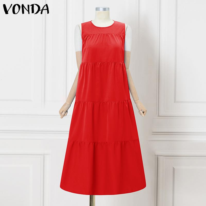 

VONDA Women Round Neck Sleeveless Ruffled Casual Swing Pleated Dress 5XL красный