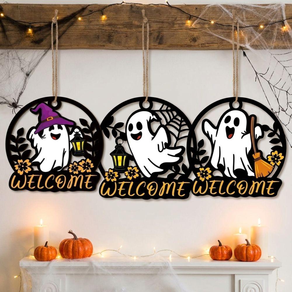 Round Halloween Ghost Door Hanger Hollow Out Halloween Front Door Decor Garden Yard Decor