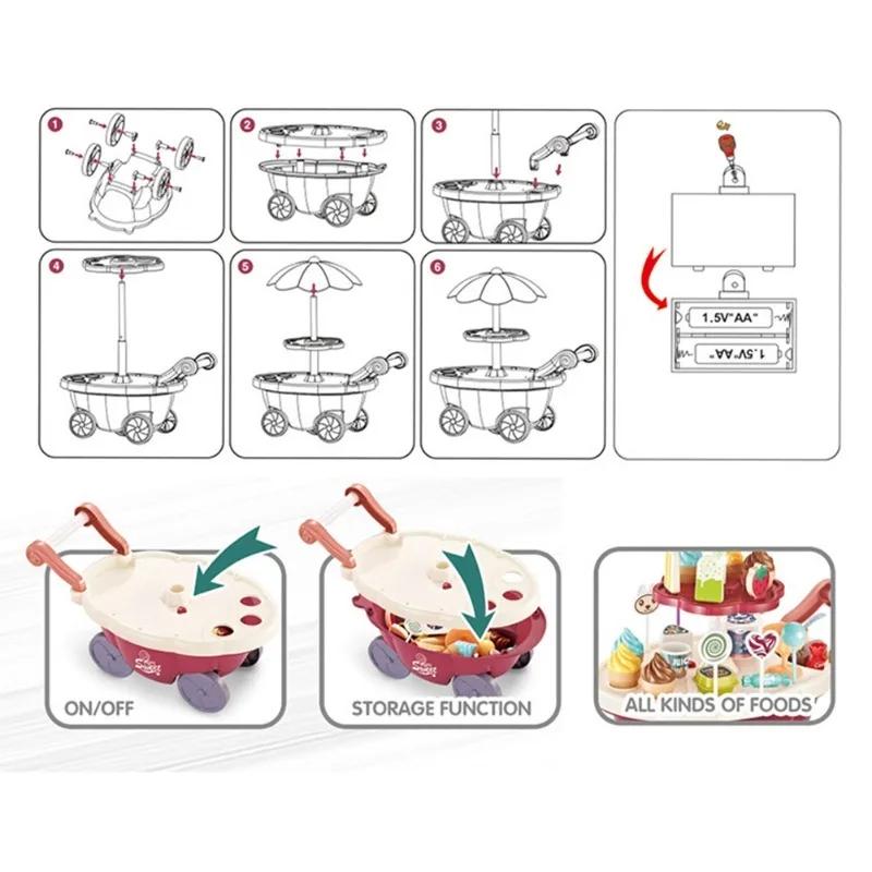 Ice Cream Toys Candy Cart Kids Play House Toys with Ice Cream Lollipop Music Rotatable Pretend Play Gift for Toddler Boys Girls