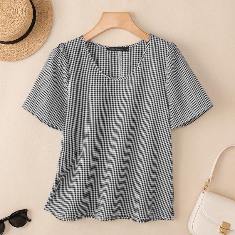 ZANZEA Blusa da Donna Casual Girocollo Stampa a Quadri Manica Corta Larga