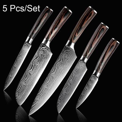 5PCS Kitchen Knife Stainless Steel Blade Damascus Laser Chef Knife Set