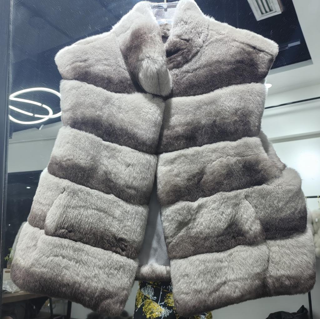 Autumn and winter new imported whole leather chinchilla pattern Rex rabbit hair short stand-up collar vest fur jacket women