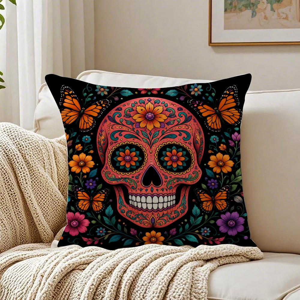 Halloween Sugar Skull Cushion Cover Organic Short Plush Cushion Covers Machine Washable Wrinkle-Resistant Soft Durable