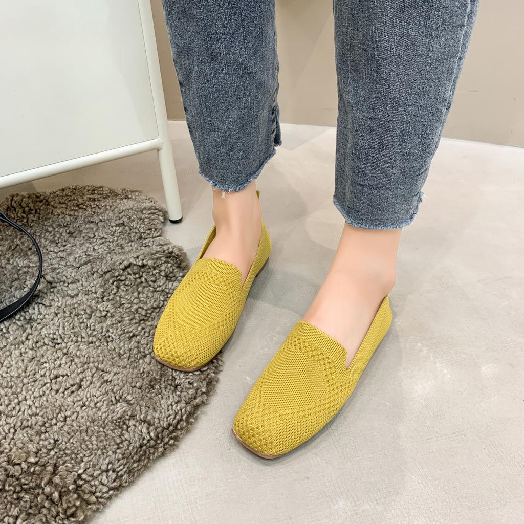 2024 Solid Color Square Toe Mesh Loafers Shallow Women Flats Shoes Soft Bottom Knit Ballet Flats Shoes Casual Slip On Boat Shoes