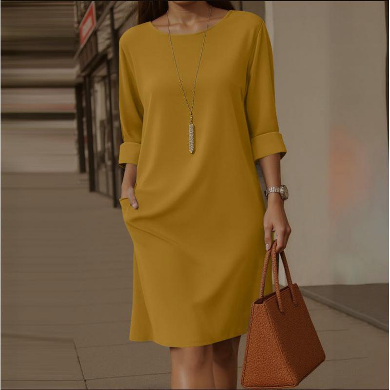 Elegant European & American Style Round Neck Dress with Pockets