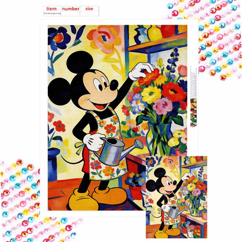 Disney Diamond Painting 5D DIY Diamond Painting Mickey Mouse Watering Flowers Mosaic Disney Cartoon Picture Rhinestone Kit Gift Round 20x30cm