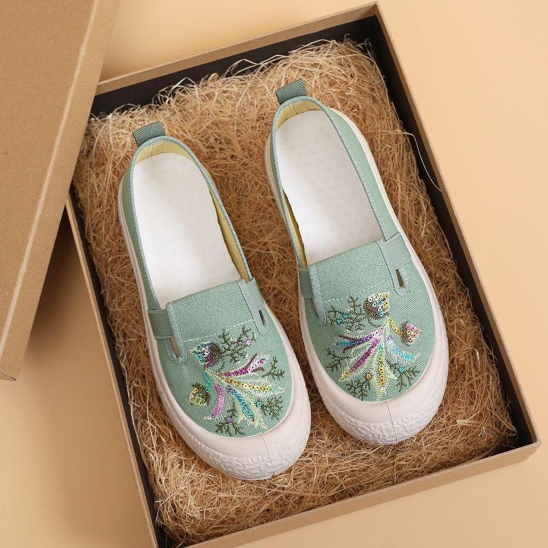 Sommer Neue Ländlicher Stil Damen Schuhe Bestickte Stoffschuhe Einschlupf Leinwand Student Vielseitig Atmungsaktiv Fischer Schuhe