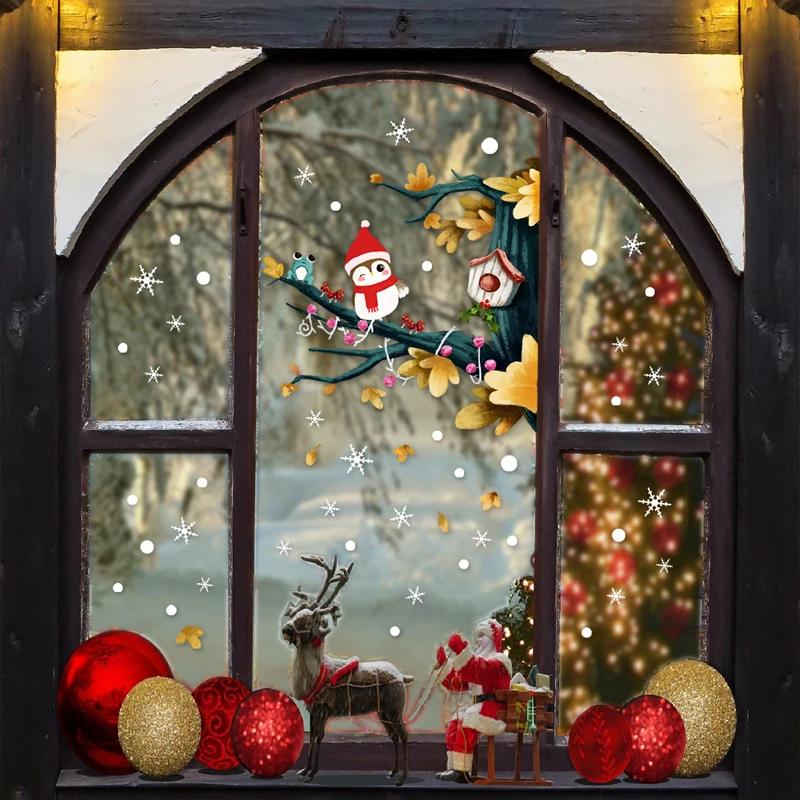 Christmas Wall Stickers Double Side Static Sticker Santa Claus Deer Xmas Tree Window Room Snowflakes Decor Sticker New Year 2022