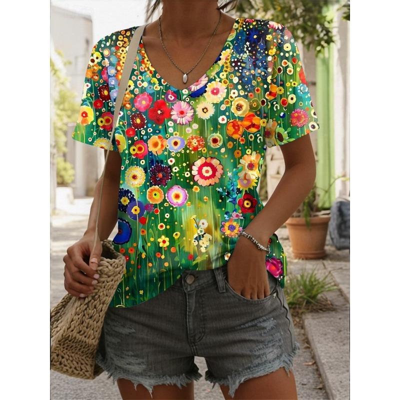 Summer women's printed floral plant pattern short-sleeved T-shirt, regular top, daily printed spring clothing T-shirt