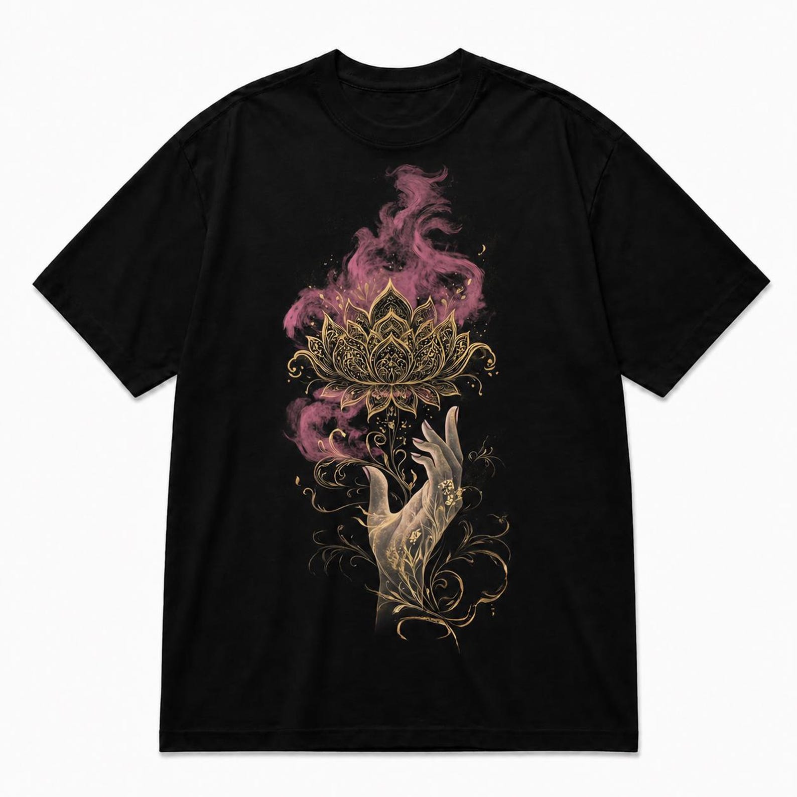 Mystic Lotus Hand T-Shirt – Gold Art, Spiritual Boho Graphic Tee 3XL