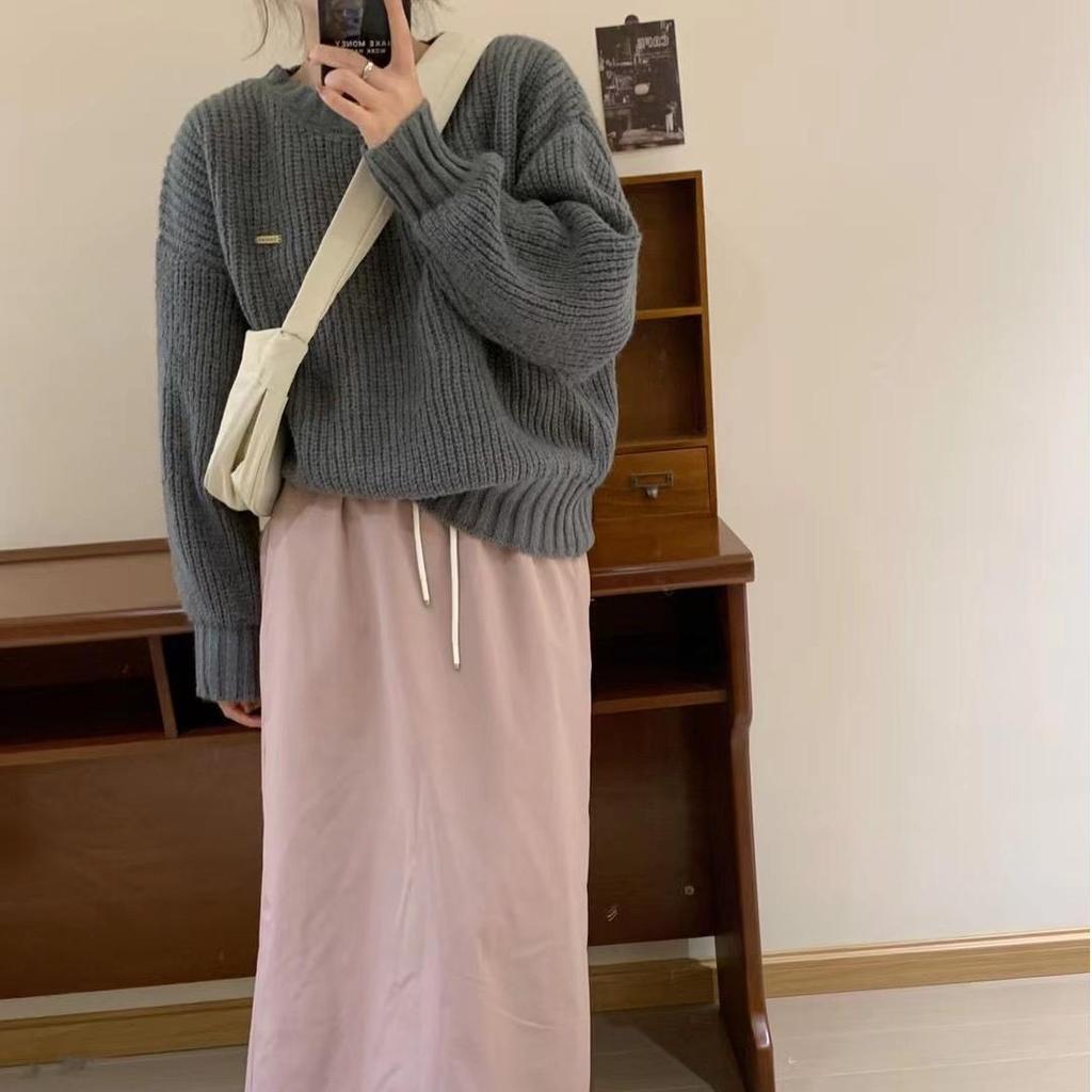Japan and South Korea solid color lazy simple sweater women's autumn and winter new thick pullover crew neck knitted sweater