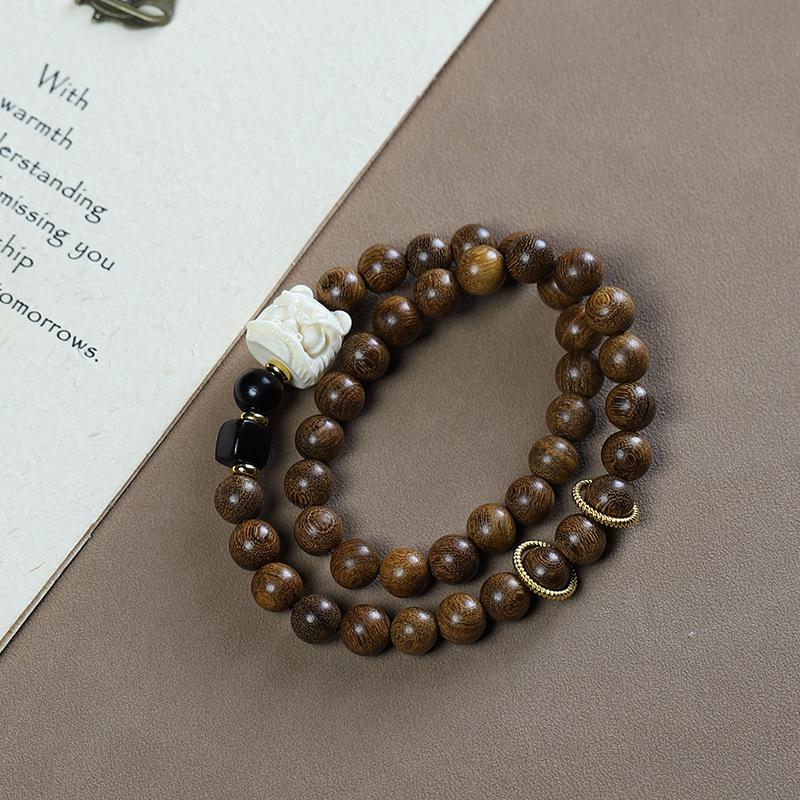 Green Sandalwood Gold Thread Double Wrap Bracelet with Lion Dance Ring - Wooden Buddhist Beads, Chinese Style Couple Accessory