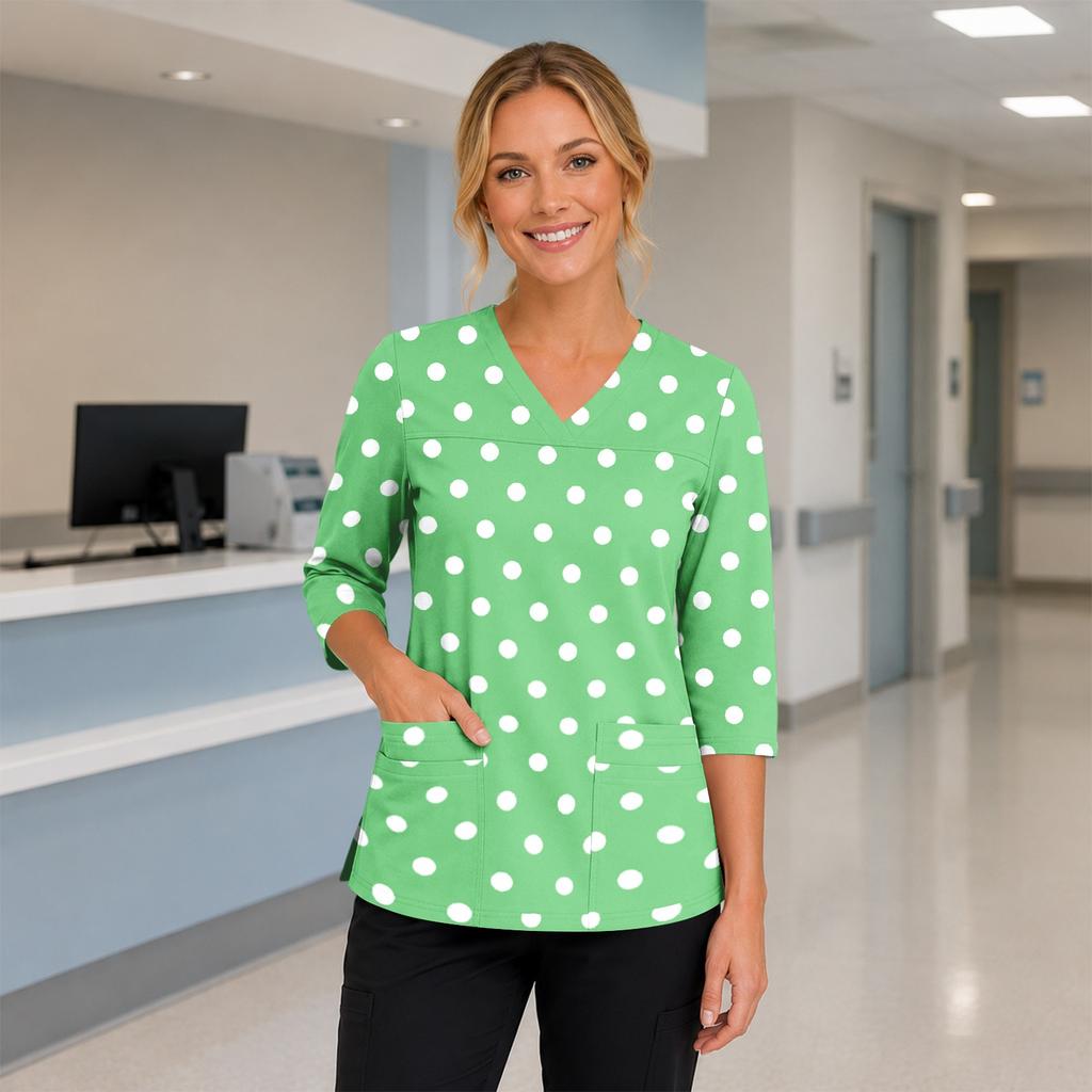 Women's Floral Print V-Neck Scrub Top with Pockets, Three-Quarter Sleeves, Side Split for Nurses