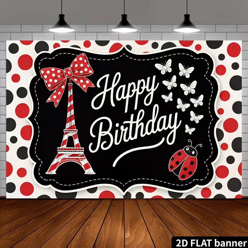 2D Pariser Marienkäfer Geburtstag Hintergrund, Rotes Schwarzes Punktmuster Banner, Geburtstagsparty Dekoration
