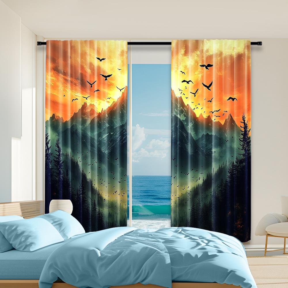 

Set Of 2 Versatile Polyester Transparent Curtains Home Decoration Birds Sunset Landscape Use Bedrooms Living Made Bedroom Decor Window Treatment W100*H70(CM)-Hooks&1PCS