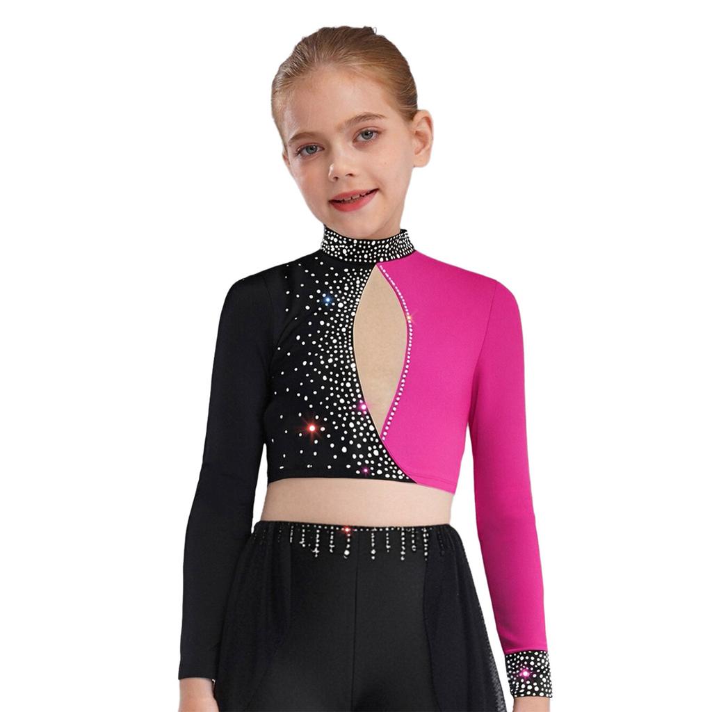 Damska bluzka do łyżwiarstwa figurowego z błyszczącymi cyrkoniami, blokowy design kolorystyczny, crop top z wycięciem na plecach