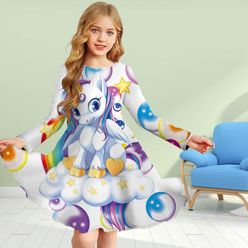 Mädchen Casual 3D Druck rotes Einhorn Rundhals Langarm Kleid Kind Prinzessin Kleid