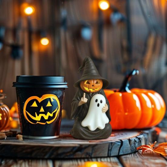 Halloween Ornament Dark Humor Witchcraft Vibe Creepy Witch Statue Black Robe Cat Themed Resin Home Decor