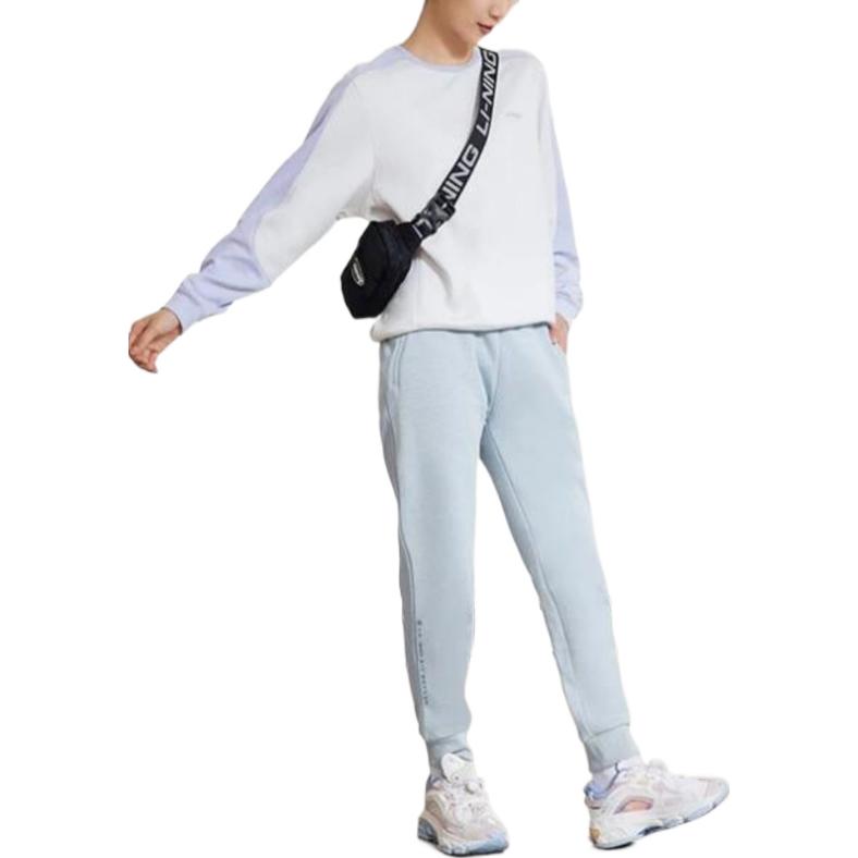 Li Ning Fitness Series Einfarbig Bedrucktes Logo Lockerer Schnitt Kordelzug Bündchen Fleece Sporthose Damen Unterteile Blau AKLR884-2