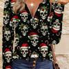 Women's Christmas Skull Print Top - V-neck Long Sleeves, Personalized Print and Comfortable, Great Holiday Gift, Suitable for Trendy Holiday Wear