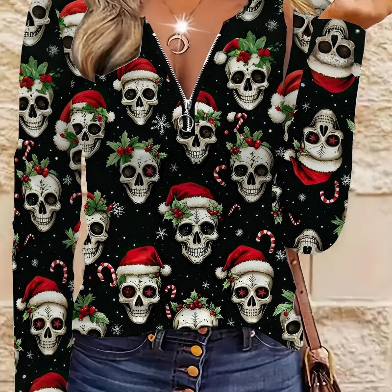 Women's Christmas Skull Print Top - V-neck Long Sleeves, Personalized Print and Comfortable, Great Holiday Gift, Suitable for Trendy Holiday Wear
