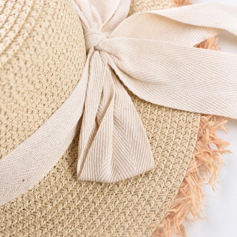 Summer Flat Top Straw Hat For Women Elegant Bow Tie Beach Sun Protection Hat