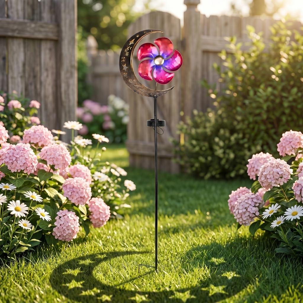 Solar Powered Moon and Pinwheel Garden Stake Light with Metal Construction and Decorative Cutout Design for Outdoor Yard Pathway Lawn Landscape