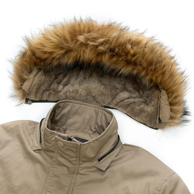 Winter Solid Color Velvet Mid-length Men's Washed Cotton Coat with Hooded Fur Collar and Detachable Multi-pocket Cotton Coat