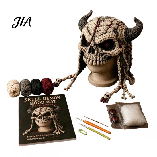 Art Class Supplies Halloween Animal Hood Crochet Kit, Skull Spider Bat Hat DIY Fashionable Earflap Spooky Pumpkin Craft Kit for Adults Teens,