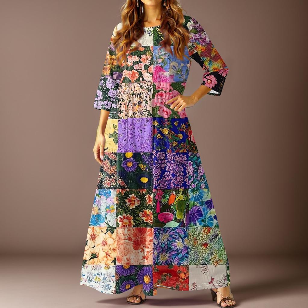 Damen Freizeitmode Blumenmuster Dreiviertelarm Langes Kleid mit Taschen