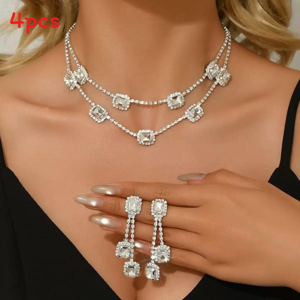 Geometric Double Layer Collar Necklace With Water Diamond Pendant For Women