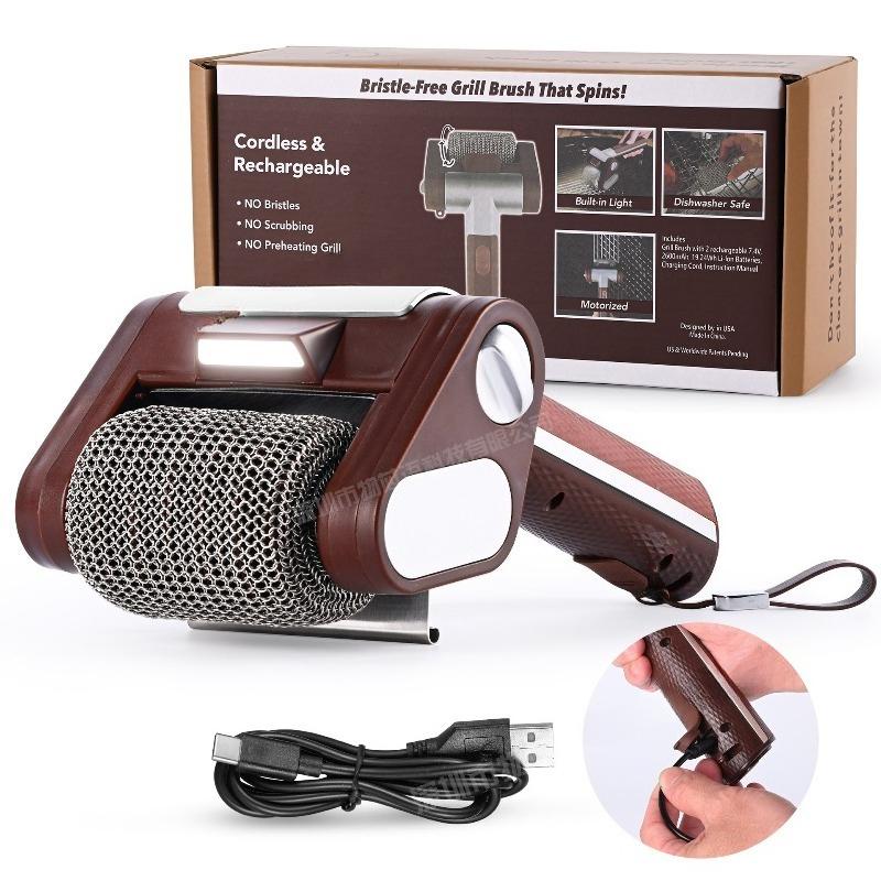 

Electric BBQ Roller Brush Stainless Steel Grill Cleaning Tools LED Lighting Brushless Barbecue Brush Household Cooking Accessory коричневый