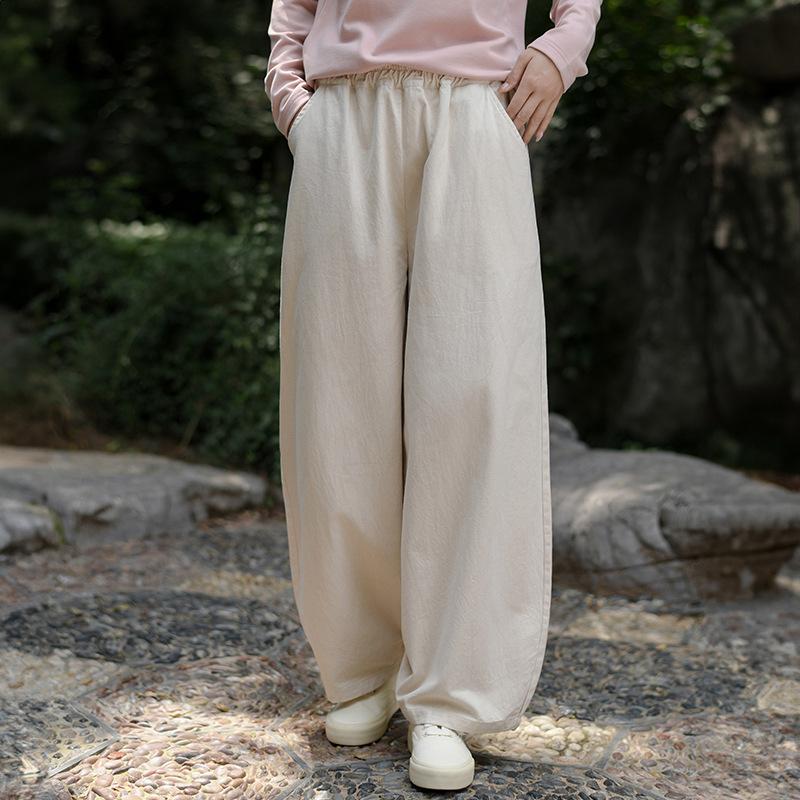 Johnature Women Vintage High Waist Wide Leg Pants Solid Color Elastic Waist Autumn Trousers Loose Casual Long Pants
