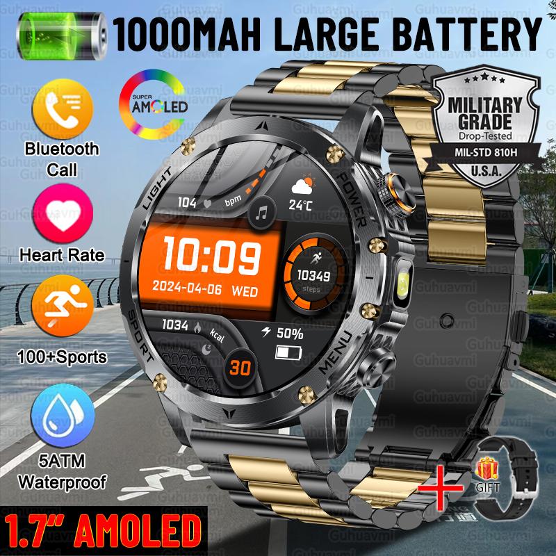 New Military Sports Smart Watch 1000mAh Battery 5ATM Waterproof LED Flashlight Fitness trackr Smartwatch Men