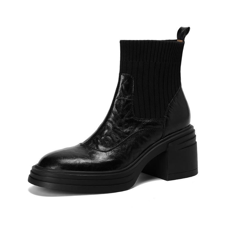 

Lambskin splicing high heel thick heel round socks boots women s new spring and autumn short boots thick sole knitted elastic thin boots women 39