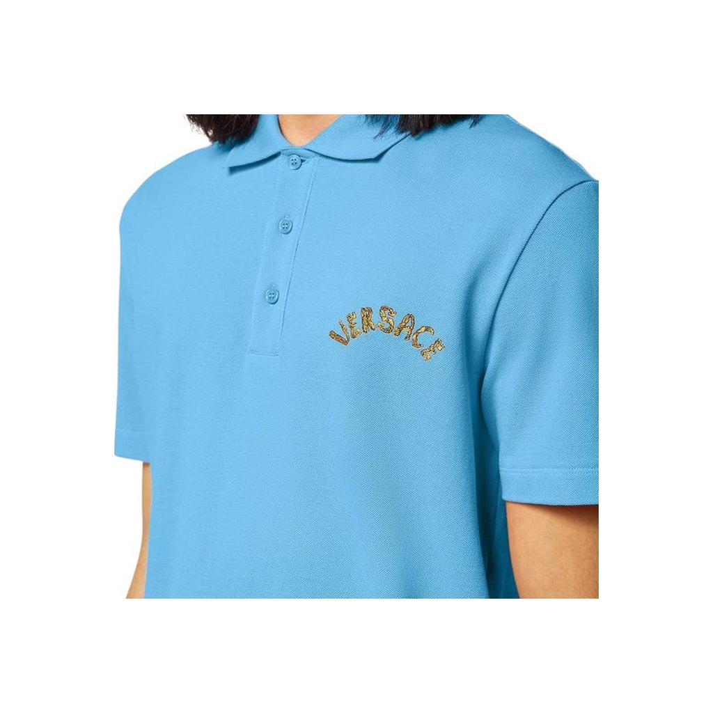 Versace Ss23 Solid Color Letter Embroidered Short Sleeve Polo Shirt Men Polo Shirts Blue 1010639-1A07698-1VA90