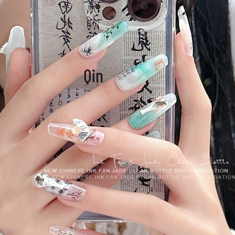 Ancient Jade Fan & Vase Nail Art Accessories with Ink Wash Rhinestones