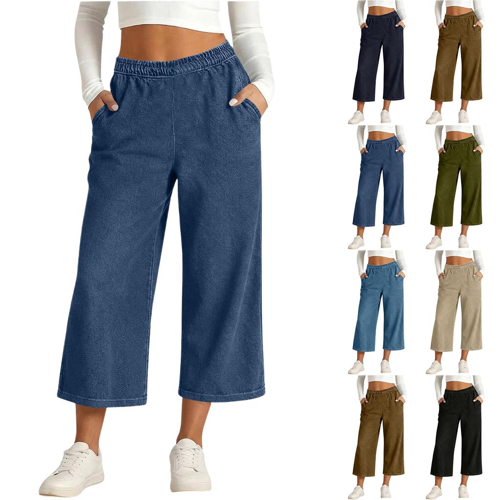 Women’s Wide Leg Cropped Denim Pants with Elastic Waistband and Side Pockets Casual Loose Fit Trousers for Everyday Wear